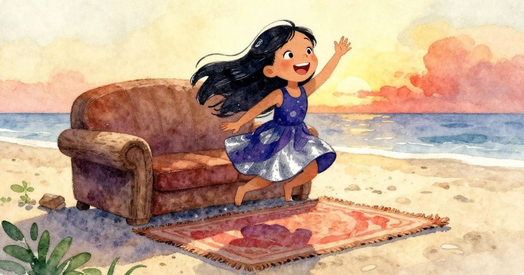 在夕陽柔和的光線下,墊子穩穩落在一塊宛如沙發的漂流木上,Lily 露出愉悅笑容,海灘環境充滿溫暖和奇妙氣息。