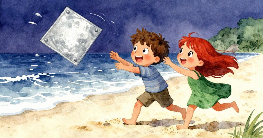 Tom 與 Lily 面對強風合作抓住翻飛的墊子,臉上流露出既緊張又趣味的表情,背景中風勢強勁、沙粒與海浪飛舞。