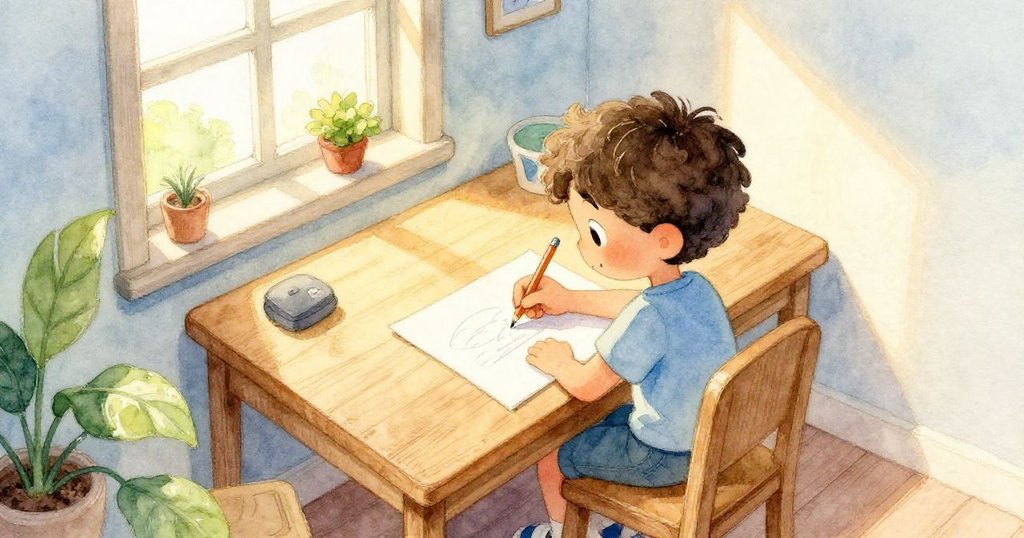 高空視角中，Mark坐在溫馨房間的木桌前用鉛筆作畫，房間充滿晨光，充滿專注與溫暖氛圍。