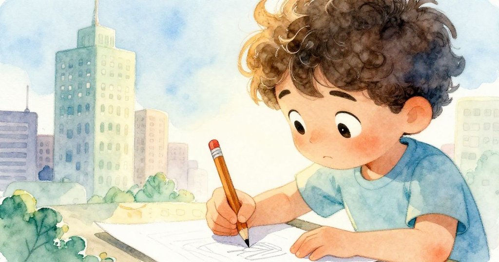 特寫中，Mark專注地用鉛筆繪出高聳都市，他的眼神充滿創意光芒，桌上白紙展現細膩筆觸。