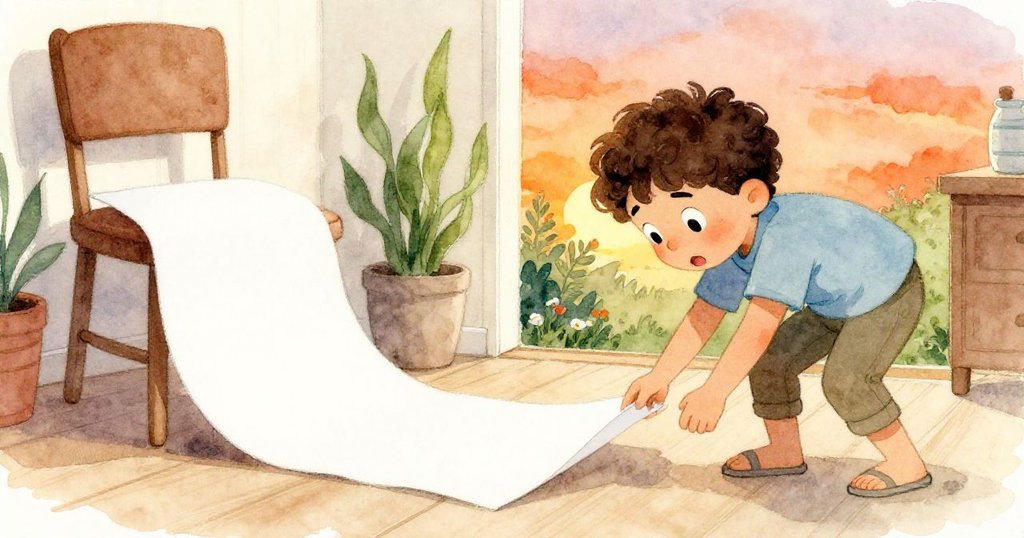 分割畫面中，Mark急忙彎腰尋找滑落桌下的白紙，溫暖夕陽光映照室內，充滿緊張與好奇情緒。