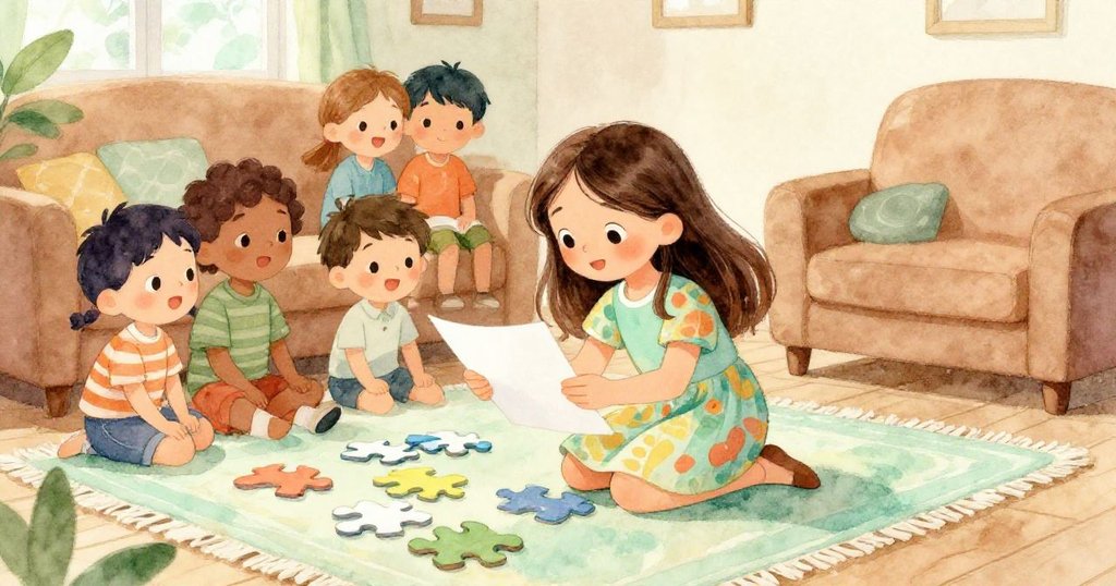 室內客廳中，妹妹與拼圖隊友正認真拼圖，意外發現紙張貼在膝上，眼神流露驚喜與好奇，溫馨氣氛洋溢。