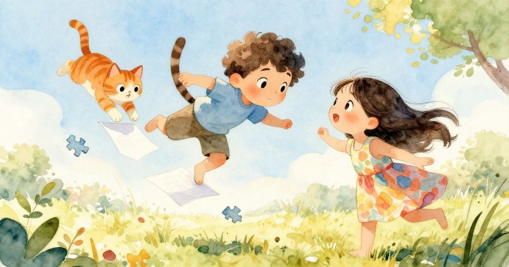 家貓活力四射躍起踩到飛舞白紙，紙張在空中翻轉，Mark和妹妹驚訝凝望，拼圖塊散落室內，充滿歡快動感。