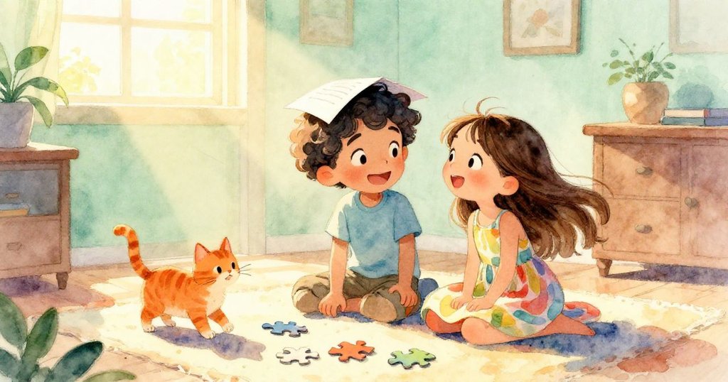 房間全景中，Mark與妹妹依偎相看而笑，紙張輕落在Mark頭上，家貓靜伴，整室充滿溫馨家庭歡樂氣氛。