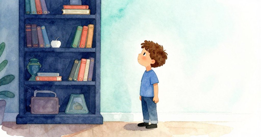 Leo 站在祖父書房中，剪影映襯著高高書架，充滿期待地仰望漫畫所在處，場景溫馨明亮。