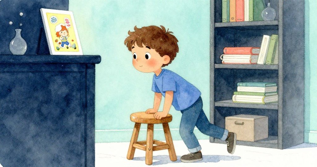 Leo 主動推動木凳靠近書架，目光堅定盯向高處閃亮的漫畫，呈現出決心與期待的情緒。