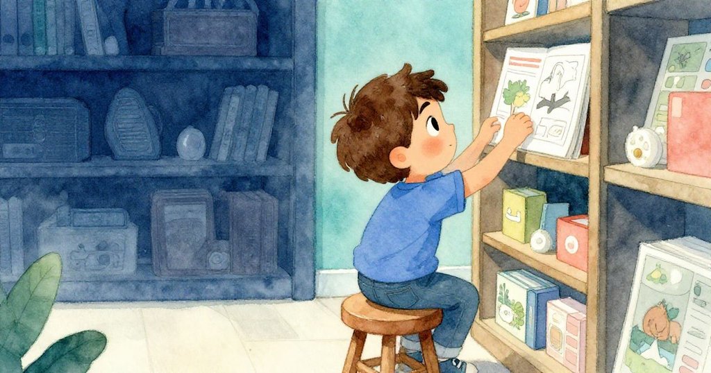 從Leo背後視角看，他正努力爬上木凳，伸手去夠高處的漫畫，動作生動、場景充滿溫暖氛圍。