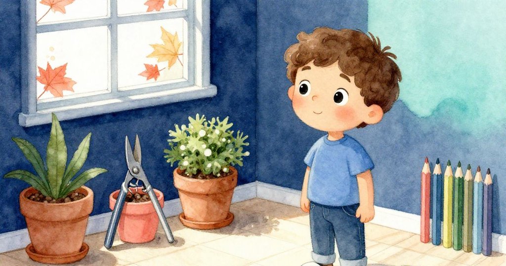 窗外秋意飄落，Leo旁邊花盆中修剪器和鉛筆細節清晰，室內溫暖光線映襯著故事發展。