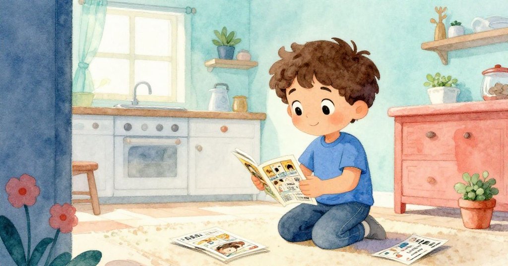 Leo 收拾散落的漫畫與優惠券，滿足微笑著從書房走向明亮溫馨廚房，預感著冰淇淋的愉快結局。