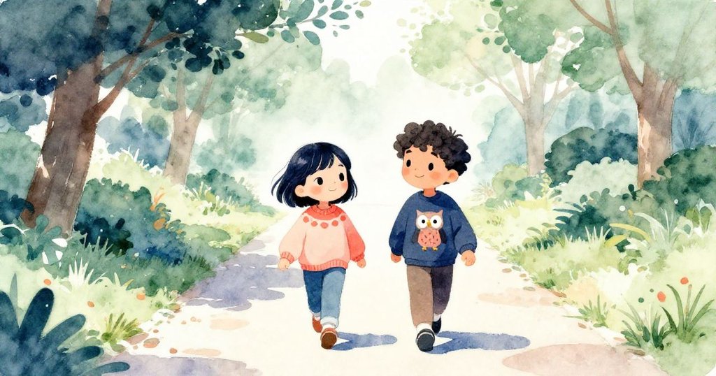 米婭與班手牽手走向公園，晨光灑落綠蔭處，臉上洋溢回憶與平靜，展現溫馨動人的結局。