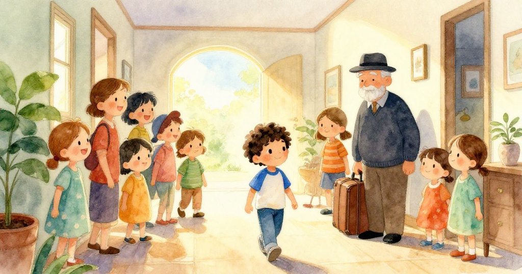 Luca在晨光中穿過擁擠家庭走廊，小心捧著藍星紙條，臉上展現期待與決心，親戚歡笑背景。