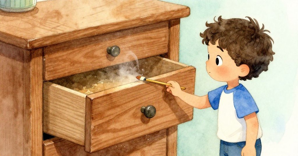 Luca專注檢查有明顯木紋與塵埃的舊抽屜，手中拿著畫刷，準備解決抽屜卡住問題，表情認真。