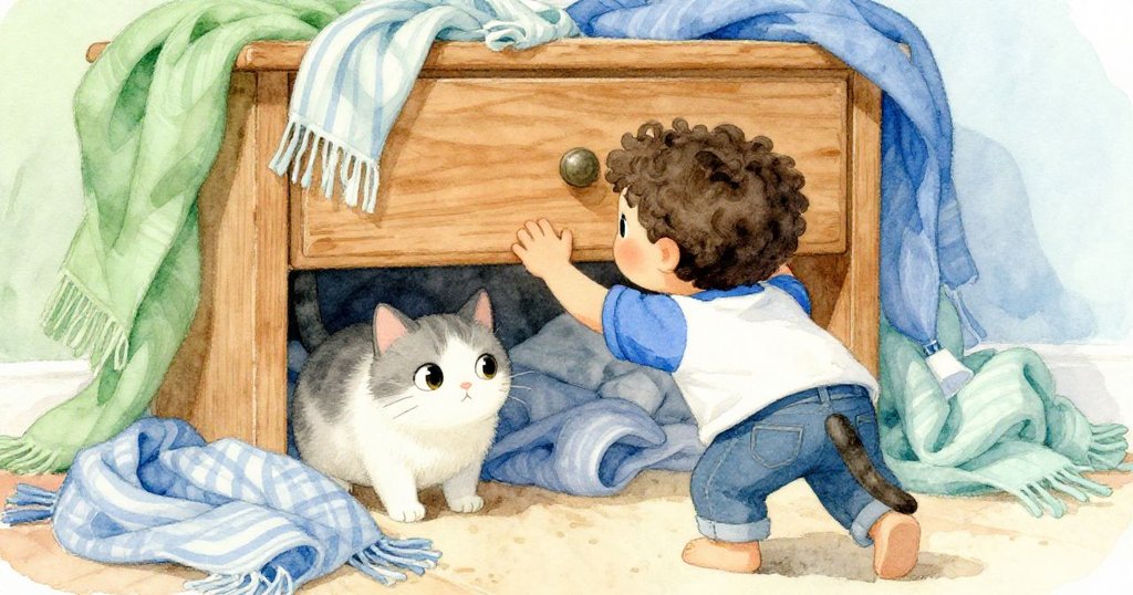 家貓以低角度視角好奇推動被絲巾纏住的抽屜，眼神活潑略帶困惑，背景出現Luca身影。