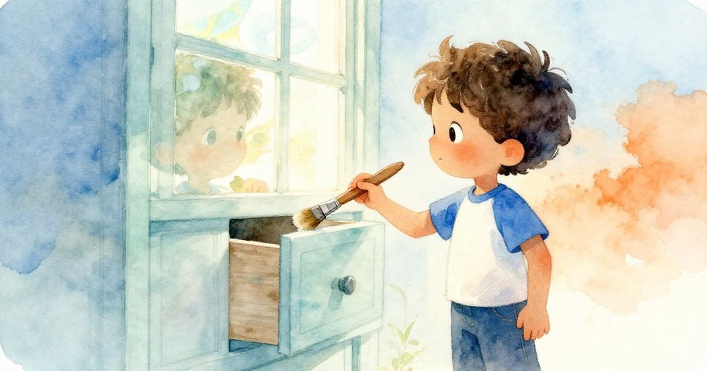 Luca在窗邊昏黃與柔和光影交融中用畫刷力撬抽屜，彷彿置身夢境水下，神情堅毅迷人。