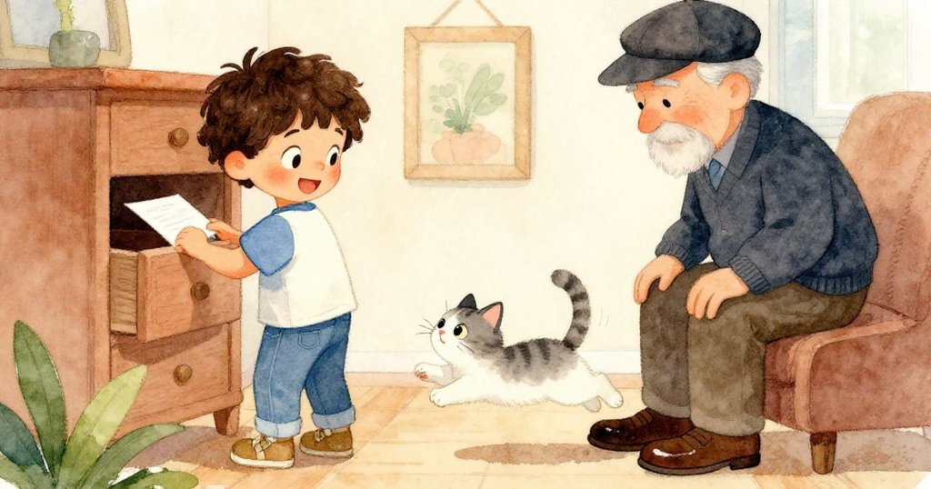 Luca笑意盈盈悄動抽屜將紙條藏好，家貓靈巧躍過老人鞋，瞬間充滿驚喜與溫馨動作。