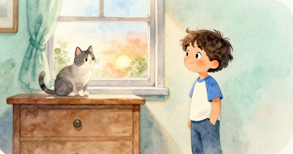 Luca滿足靜立房內，抽屜合攏聲中家貓安坐窗台，溫暖燈光映出平靜與成功的家庭解決瞬間。