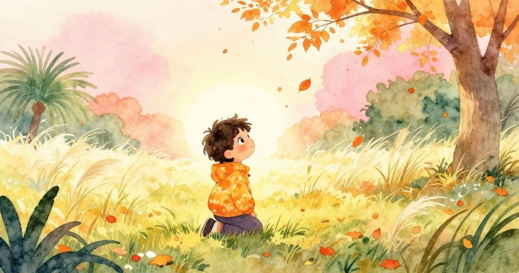 Alex蹲坐在秋日公園中，身影在暖光中清晰呈現，周圍橙色落葉飛舞，背景有長椅與遠處鳥鳴。