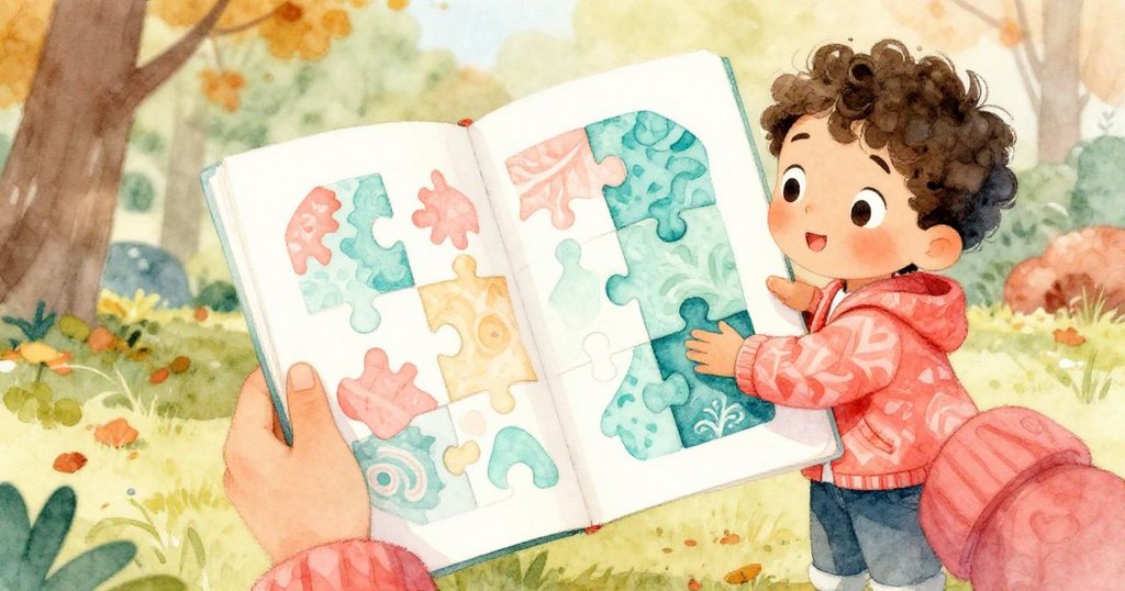 Alex專注閱讀報紙背面的拼圖，手握紙張仔細檢視細節，背景隱約呈現秋季公園和柔和光線，充滿好奇與期待。