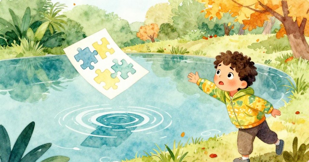 Alex關心地望向池塘中漂移的拼圖紙，水面上反射出紙上的圖案，周圍秋意濃厚，情感流露與好奇交織。