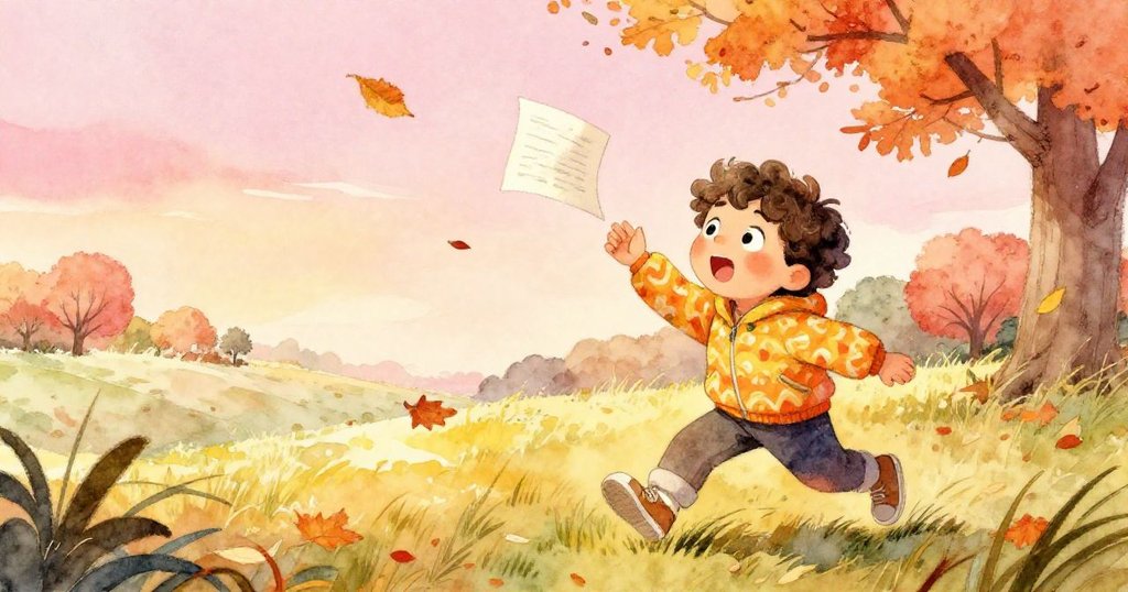 Alex驚訝看著突起風勢將報紙捲起，周圍落葉和草隨風起舞，畫面充滿動感與秋季活力。