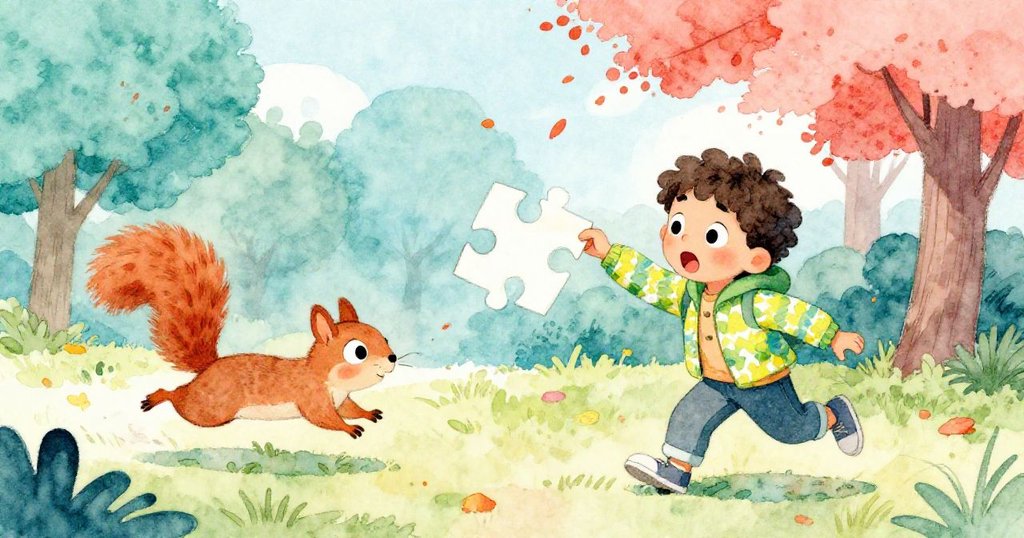 Alex驚訝地望著一隻靈巧松鼠橫越小徑，用小爪壓住飄落的拼圖紙，秋季景致中充滿張力與期待。