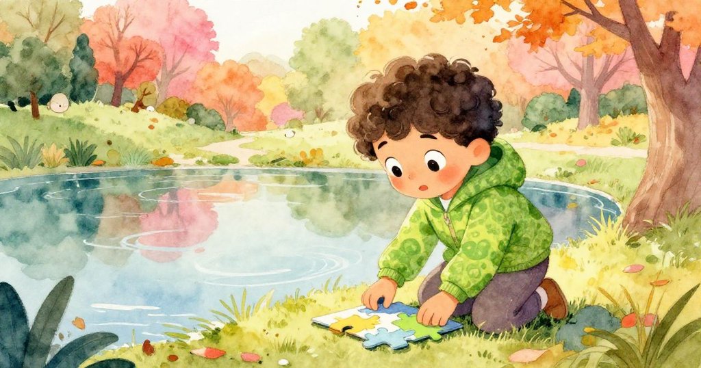 Alex滿懷喜悅與釋然走向池塘邊，小心拾起飄落的拼圖紙，水面輕漣和壓著的落葉映襯出秋日寧靜。
