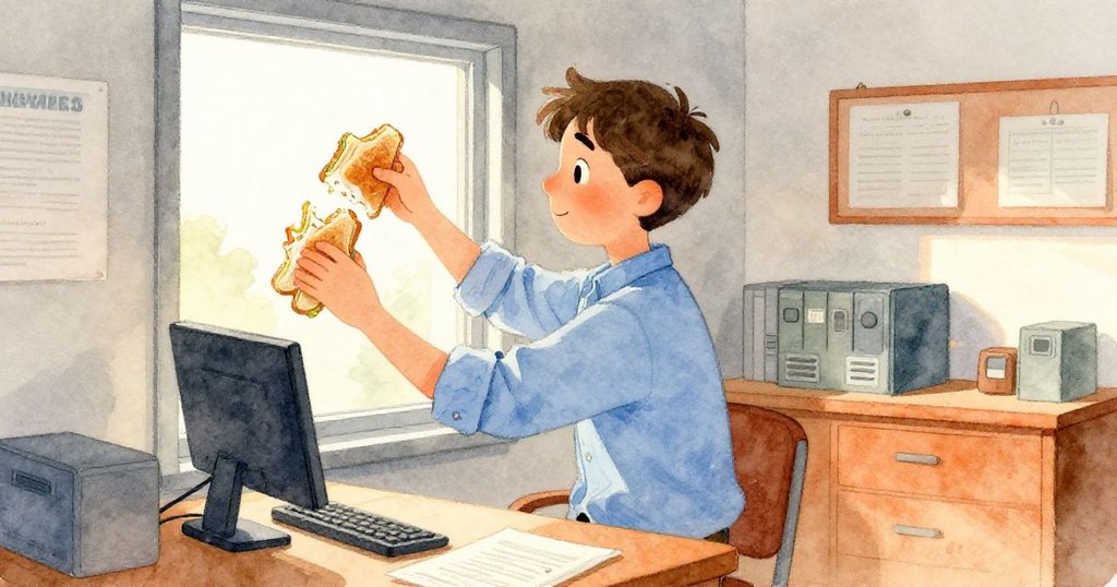 本在安靜的新聞辦公室中開窗，準備享用午餐，環境溫暖明亮，展現平和的開場情景。