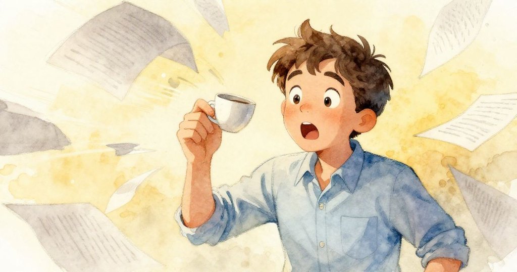 本因風吹翻動報紙與咖啡杯邊緣晃動而吃驚，臉上表露出驚訝，展示情節發展的轉折時刻。