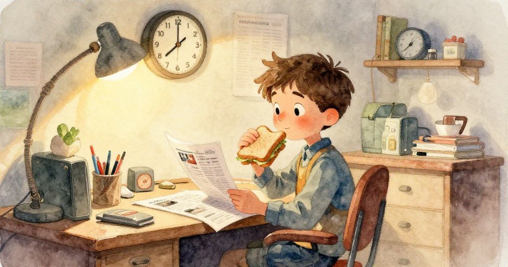 一隻好奇的小老鼠從散落的文件後觀察咖啡濺出與報紙飛舞，展現情節中意外的動態與活力。