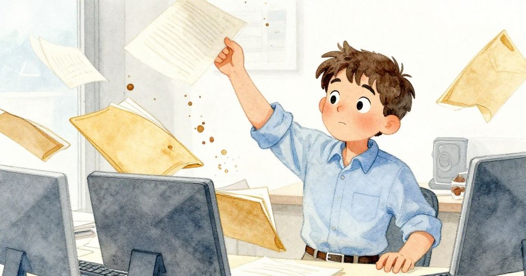 本瘋忙地抓取飛舞的報紙，整理散落的夾板與咖啡濺痕，動作果斷，場景由平和轉入小混亂。