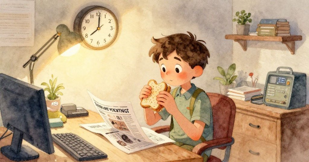 風吹起報紙在辦公室內追逐飛舞，情節充滿動感與趣味，展現從平靜到急促的轉換高潮。