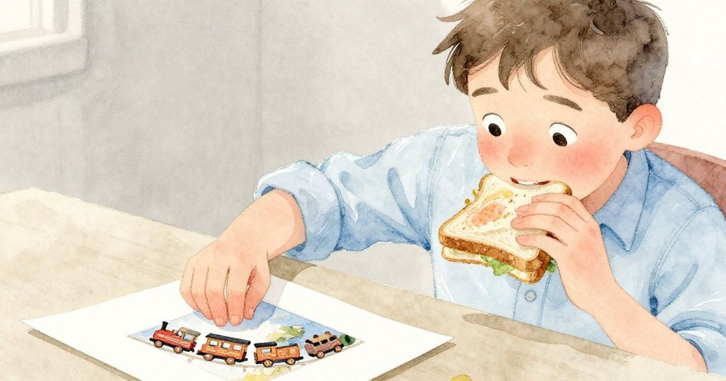 混亂過後，本重整辦公室，按壓濕潤報紙露出珍貴火車照片後，靜靜品嘗三明治，心情平靜滿足。