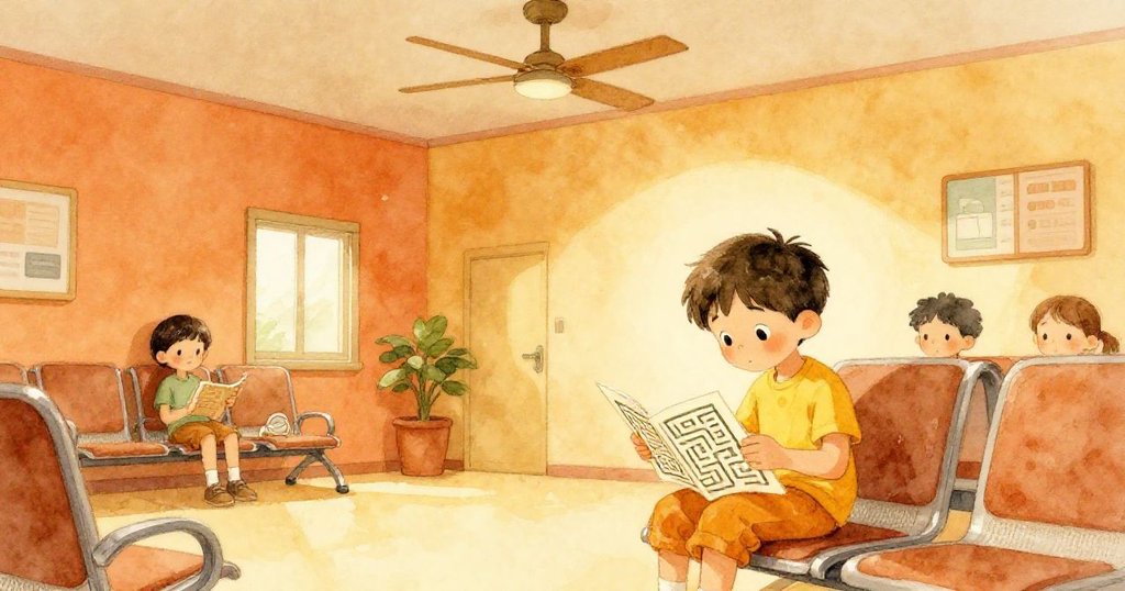 Lucas進入診所候診室，靜坐閱讀摺報紙迷宮，微風輕拂紙張，神情專注展開故事序幕。