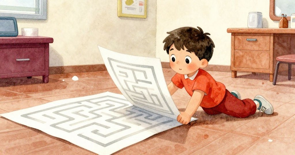 Lucas滑向地板，小心將沉重雜誌壓住飄動報紙，呈現動態細膩步伐與溫暖候診氛圍。