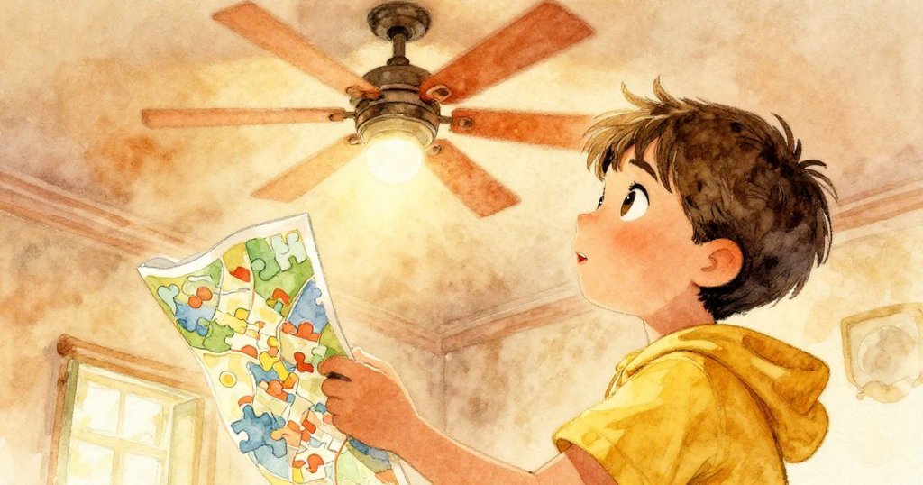 Lucas抬頭望向旋轉風扇，眼中充滿驚奇與挑戰，呈現低角度動態及故事發展的開始。