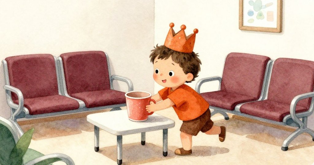 候診室角落，一名戴紙皇冠的嬰童在低桌旁推杯，調皮之中增添故事趣味，營造溫馨互動。