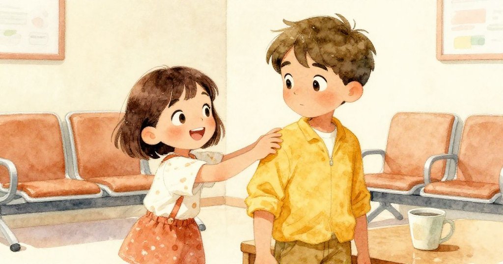 Zoe輕拍Lucas肩膀，桌上物品微移，Lucas表情驚訝又釋然，呈現故事情感高潮與轉折。