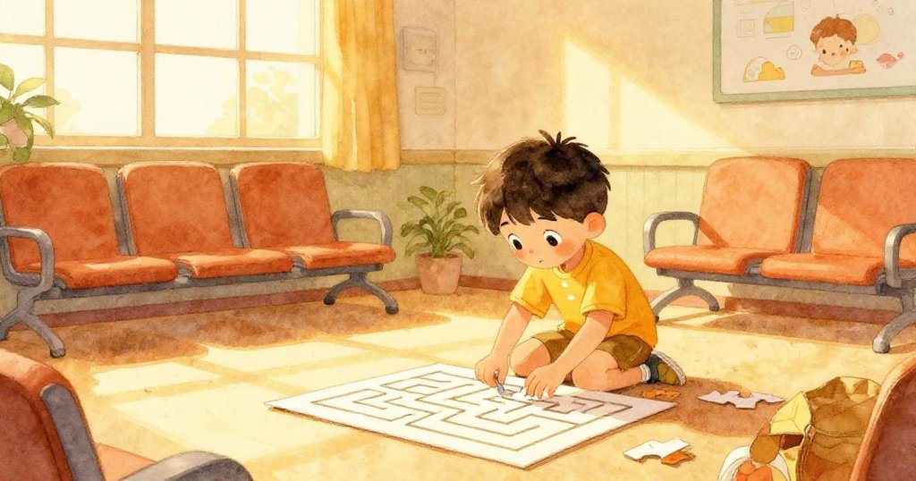 夕陽透窗灑入候診室，Lucas安靜重組迷宮，表情滿足且平靜，故事迎來圓滿結局。