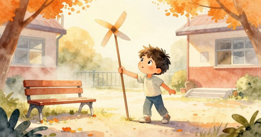 早晨的學校院子中，Leo平衡著木棍與轉子，神情堅定，光影柔和，展開創意實驗的開始。