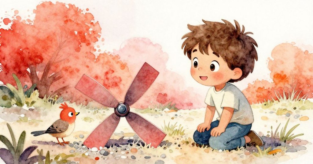 從鳥兒視角看見Leo蹲下調整轉子，地上碎石點綴，鳥兒好奇觀察，實驗與自然互動展現奇妙瞬間。