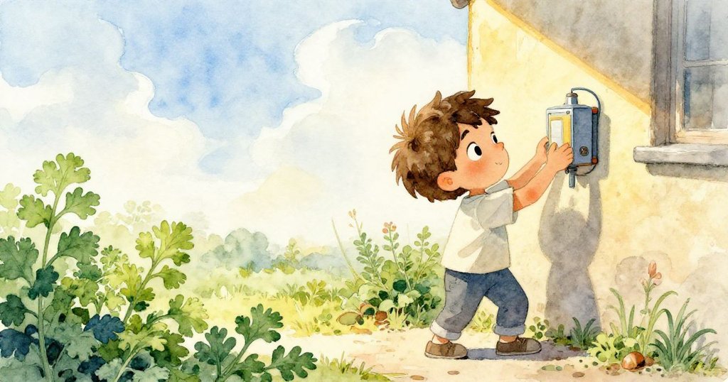 Leo智慧地將裝置推向陽光照射的牆面，藉由反射熱力喚醒轉子，背景中香草菜園顯示自然調節力量。