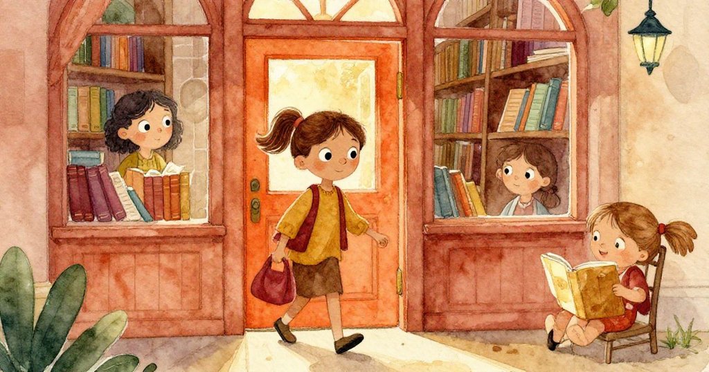 Naomi走進充滿金色晨光的圖書館入口，手提包，充滿期待和自信迎接新一天。