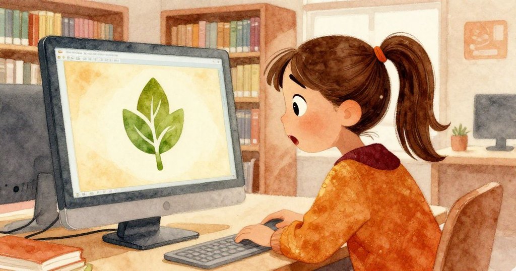 Naomi凝視著電腦螢幕上出現鮮明樹葉圖示，驚喜表情映出她筆記本中相似草圖。