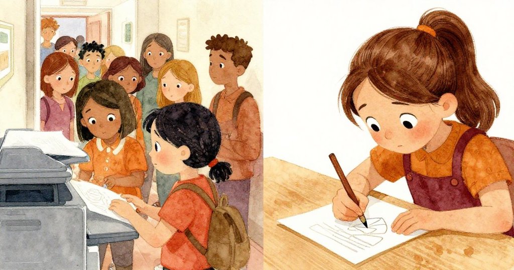 圖中左側學生排隊等待印表機，右側Naomi專注於筆記本上描繪海報草圖，展現忙碌創意氛圍。