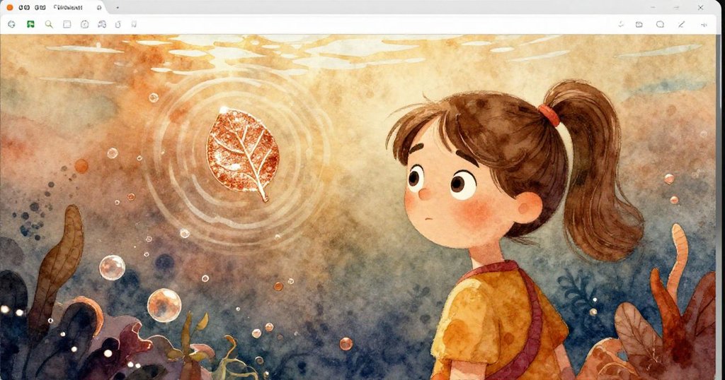 Naomi輕觸滑鼠，電腦螢幕呈現如水中波紋般夢幻景象，樹葉圖示在泡影中閃爍，神秘且迷人。