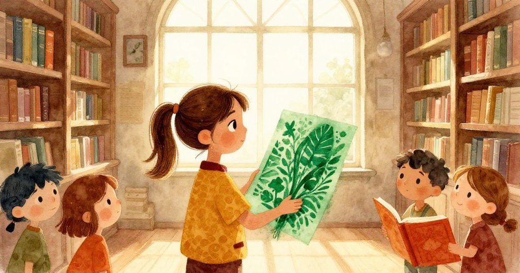 在溫暖窗光中，Naomi舉起印有綠色海報，滿懷成就欣慰，圖書館背景寧靜流露創作圓滿。