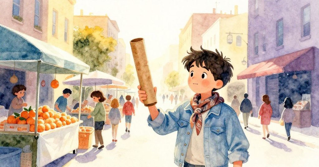 米羅在海港街早晨微光中穿過熱鬧的市場，手持畫布筒，神情專注，充滿希望與行動感。