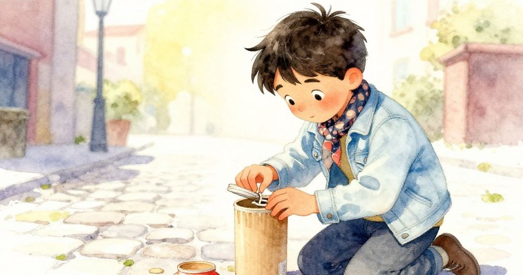 米羅蹲下在鵝卵石路面上，小心翼翼調整滑落的蓋子，神情專注，展現細膩動作和緊張情境。