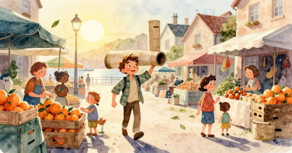 城市廣場中一邊快遞車急速躲閃鳴響車鈴，另一邊攤販忙著撿拾滾動的橙子，場面生動充滿趣味。