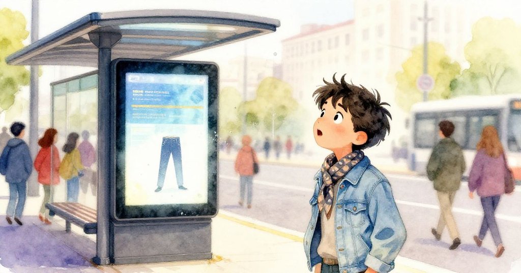 米羅在電車站附近抬頭驚訝地看著數位廣告牌上藍金設計，臉上流露出意外與好奇，背景有行人穿梭。